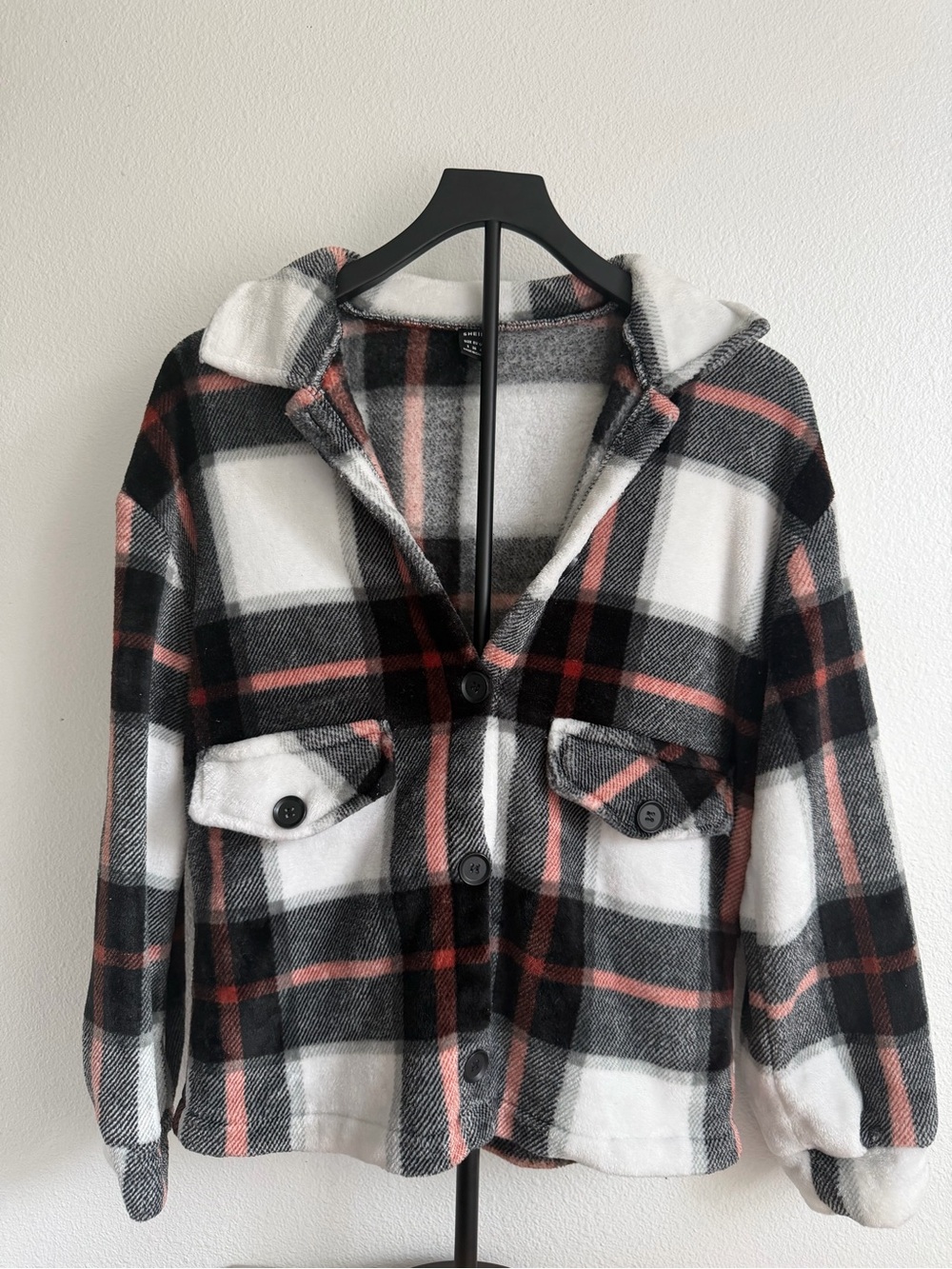 SHEIN Black, White & Pink Plaid Hooded Jean Shacket
